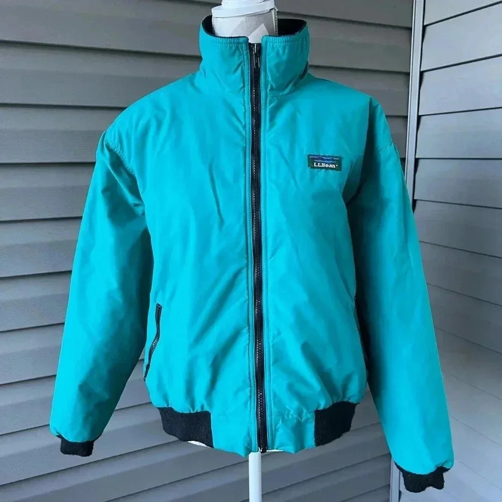 VTG LL Bean Warm Up Jacket Mens Teal Full Zip Fleece Lined Aztec Reversible Sz M